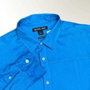 Michael Kors Tailored Fit Ocean Blue Linen Long Slv. Button Up Shirt Men Size L
